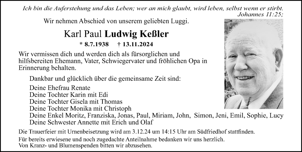  Traueranzeige für Karl Paul Ludwig Keßler vom 30.11.2024 aus Gesamtausgabe Nürnberger Nachrichten/ Nürnberger Ztg.