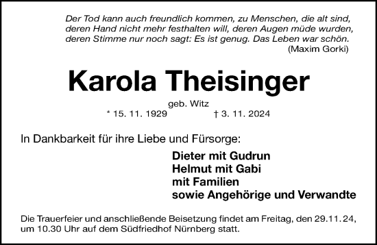 Traueranzeige von Karola Theisinger von Gesamtausgabe Nürnberger Nachrichten/ Nürnberger Ztg.