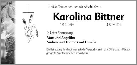 Traueranzeige von Karolina Bittner von Erlanger Nachrichten Lokal