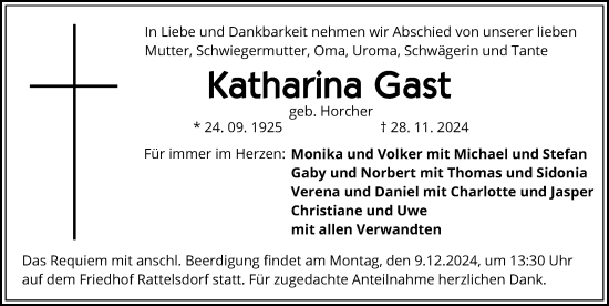 Traueranzeige von Katharina Gast von Gesamtausgabe Nürnberger Nachrichten/ Nürnberger Ztg.