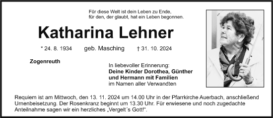 Traueranzeige von Katharina Lehner von Nordbayerische Nachrichten Pegnitz Lokal