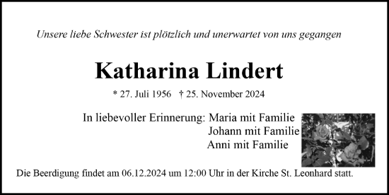Traueranzeige von Katharina Lindert von Gesamtausgabe Nürnberger Nachrichten/ Nürnberger Ztg.
