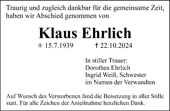 Traueranzeige von Klaus Ehrlich von Erlanger Nachrichten Lokal