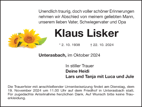 Traueranzeige von Klaus Lisker von Fürther Nachrichten Lokal