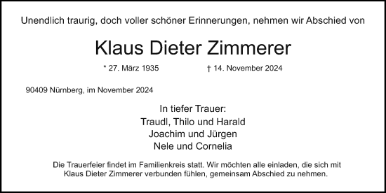 Traueranzeige von Klaus Dieter Zimmerer von Gesamtausgabe Nürnberger Nachrichten/ Nürnberger Ztg.