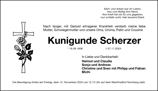 Traueranzeige von Kunigunde Scherzer von Gesamtausgabe Nürnberger Nachrichten/ Nürnberger Ztg.