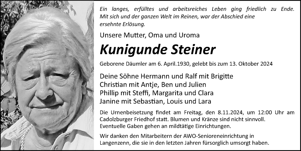  Traueranzeige für Kunigunde Steiner vom 02.11.2024 aus Fürther Nachrichten Lokal