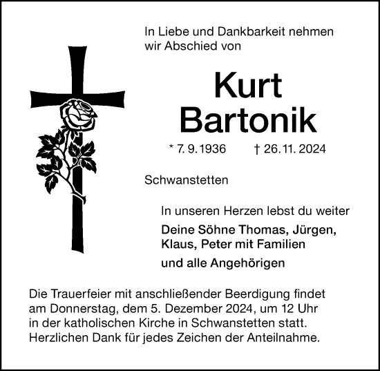 Traueranzeige von Kurt Bartonik von Schwabacher Tagblatt Lokal