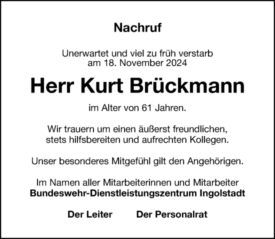 Traueranzeige von Kurt Brückmann von Schwabacher Tagblatt Lokal