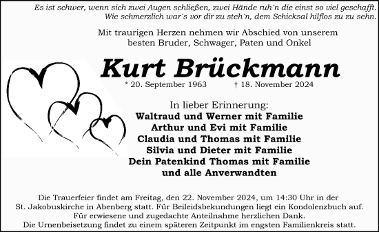 Traueranzeige von Kurt Brückmann von Schwabacher Tagblatt Lokal