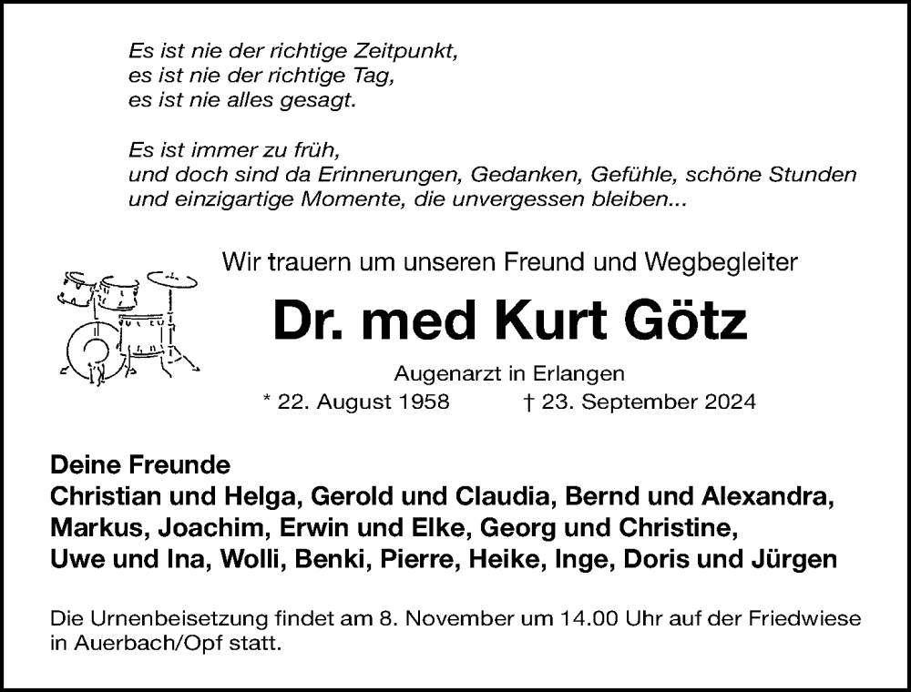  Traueranzeige für Kurt Götz vom 02.11.2024 aus Gesamtausgabe Nürnberger Nachrichten/ Nürnberger Ztg.