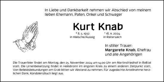 Traueranzeige von Kurt Knab von Fürther Nachrichten Lokal