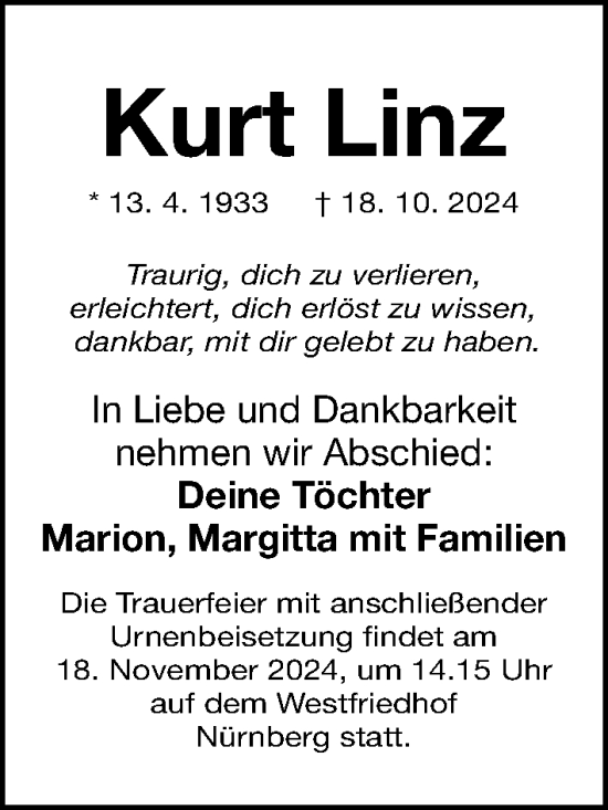 Traueranzeige von Kurt Linz von Gesamtausgabe Nürnberger Nachrichten/ Nürnberger Ztg.