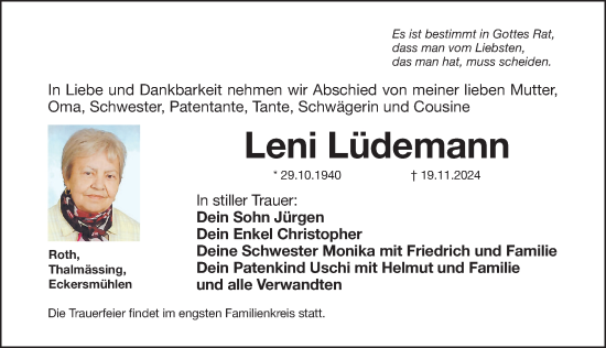 Traueranzeige von Leni Lüdemann von Roth-Hilpoltsteiner Volkszeitung Lokal
