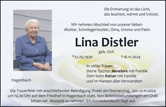 Traueranzeige von Lina Distler von Nordbayerische Nachrichten Forchheim Lokal