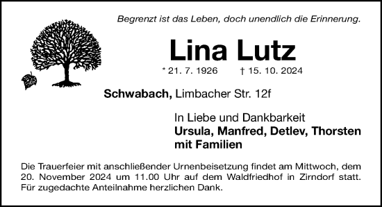 Traueranzeige von Lina Lutz von Schwabacher Tagblatt Lokal