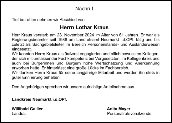 Traueranzeige von Lothar Kraus von Neumarkter Nachrichten Lokal
