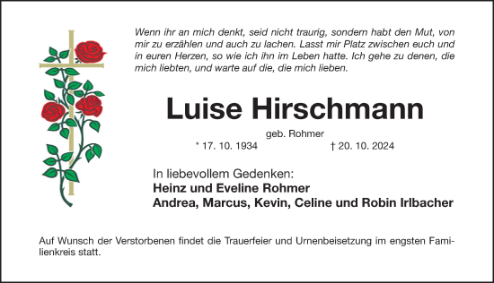 Traueranzeige von Luise Hirschmann von Gesamtausgabe Nürnberger Nachrichten/ Nürnberger Ztg.