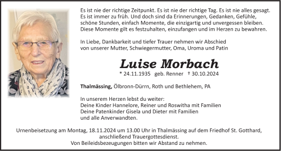 Traueranzeige von Luise Morbach von Roth-Hilpoltsteiner Volkszeitung Lokal