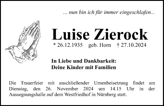 Traueranzeige von Luise Zierock von Gesamtausgabe Nürnberger Nachrichten/ Nürnberger Ztg.