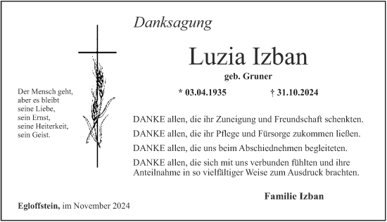Traueranzeige von Luzia Izban von Nordbayerische Nachrichten Forchheim Lokal