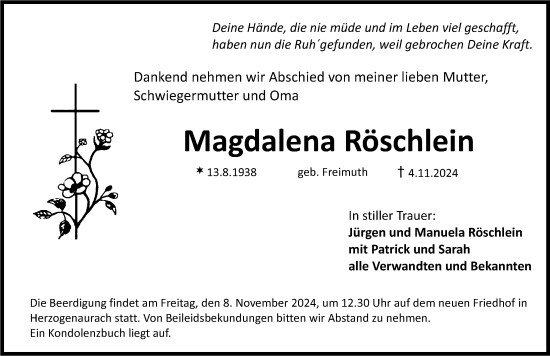 Traueranzeige von Magdalena Röschlein von Nordbayerische Nachrichten Herzogenaurach Lokal