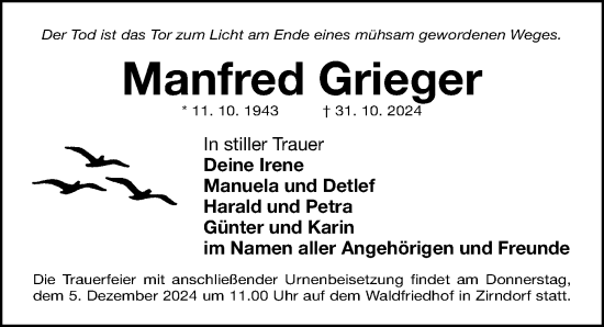 Traueranzeige von Manfred Grieger von Gesamtausgabe Nürnberger Nachrichten/ Nürnberger Ztg.