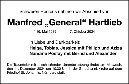 Traueranzeige von Manfred Hartlieb von Gesamtausgabe Nürnberger Nachrichten/ Nürnberger Ztg.