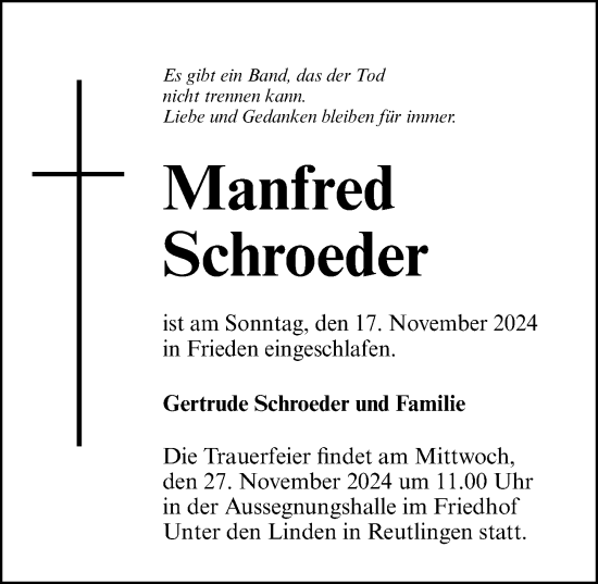 Traueranzeige von Manfred Schroeder von Erlanger Nachrichten Lokal