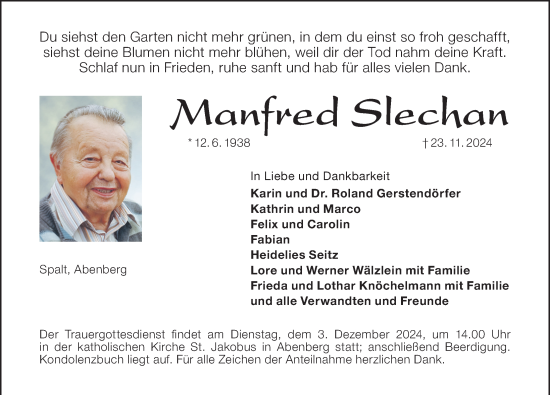 Traueranzeige von Manfred Slechan von Schwabacher Tagblatt Lokal