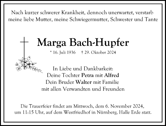 Traueranzeige von Marga Bach-Hupfer von Gesamtausgabe Nürnberger Nachrichten/ Nürnberger Ztg.