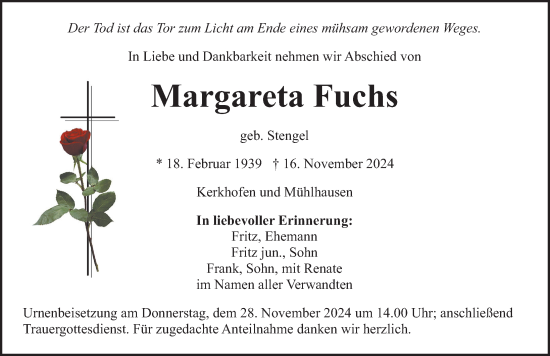 Traueranzeige von Margareta Fuchs von Neumarkter Nachrichten Lokal