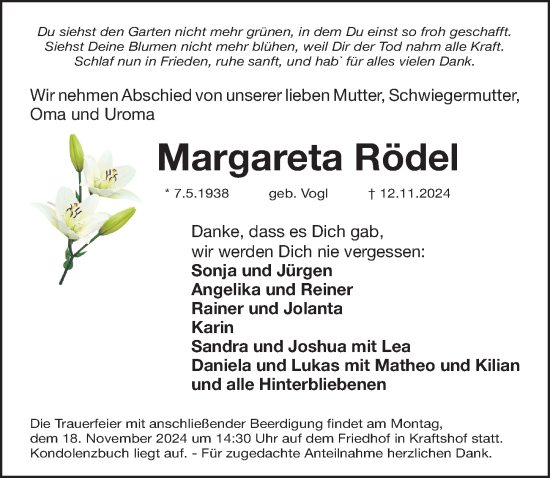 Traueranzeige von Margareta Rödel von Gesamtausgabe Nürnberger Nachrichten/ Nürnberger Ztg.