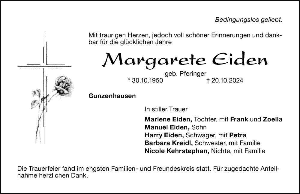  Traueranzeige für Margarete Eiden vom 02.11.2024 aus Altmühl-Bote Lokal
