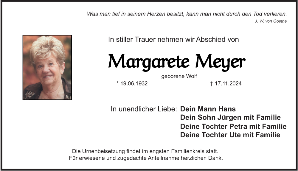  Traueranzeige für Margarete Meyer vom 30.11.2024 aus Schwabacher Tagblatt Lokal