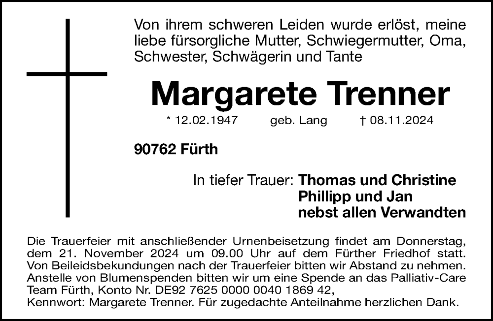  Traueranzeige für Margarete Trenner vom 19.11.2024 aus Fürther Nachrichten Lokal