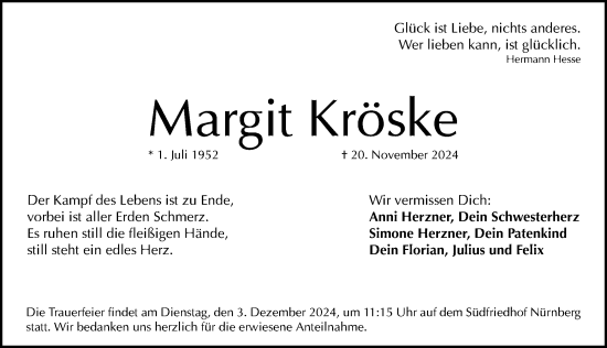 Traueranzeige von Margit Kröske von Gesamtausgabe Nürnberger Nachrichten/ Nürnberger Ztg.