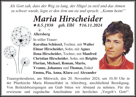 Traueranzeige von Maria Hirscheider von Roth-Hilpoltsteiner Volkszeitung Lokal