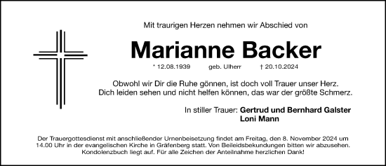 Traueranzeige von Marianne Backer von Nordbayer. Nachrichten Forchheim/ Erlanger Nachrichten