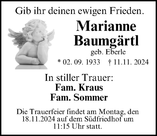 Traueranzeige von Marianne Baumgärtl von Gesamtausgabe Nürnberger Nachrichten/ Nürnberger Ztg.