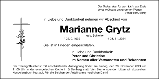 Traueranzeige von Marianne Grytz von Nordbayerische Nachrichten Forchheim Lokal