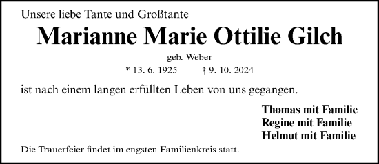 Traueranzeige von Marianne Marie Ottilie Gilch von Gesamtausgabe Nürnberger Nachrichten/ Nürnberger Ztg.