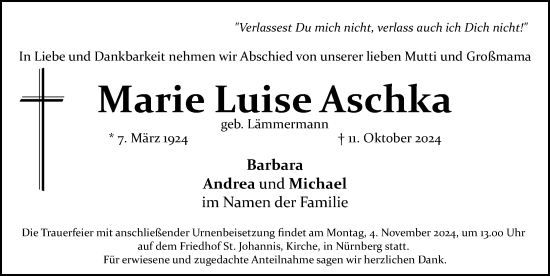 Traueranzeige von Marie Luise Aschka von Gesamtausgabe Nürnberger Nachrichten/ Nürnberger Ztg.