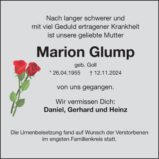 Traueranzeige von Marion Glump von Fürther Nachrichten Lokal