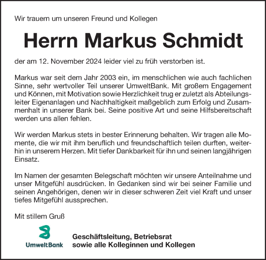 Traueranzeige von Markus Schmidt von Gesamtausgabe Nürnberger Nachrichten/ Nürnberger Ztg.