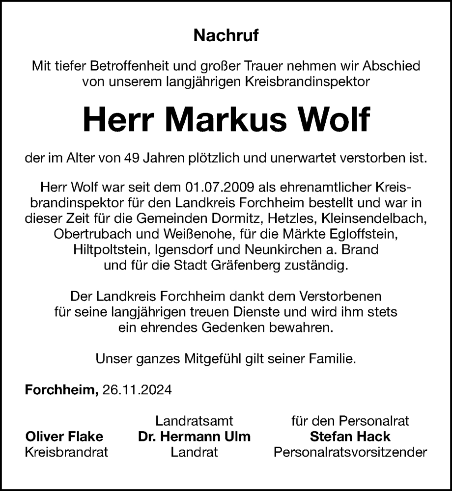  Traueranzeige für Markus Wolf vom 27.11.2024 aus Nordbayerische Nachrichten Forchheim Lokal