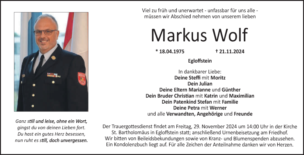  Traueranzeige für Markus Wolf vom 27.11.2024 aus Nordbayerische Nachrichten Forchheim Lokal