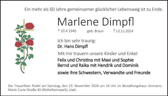 Traueranzeige von Marlene Dimpfl von Erlanger Nachrichten Lokal