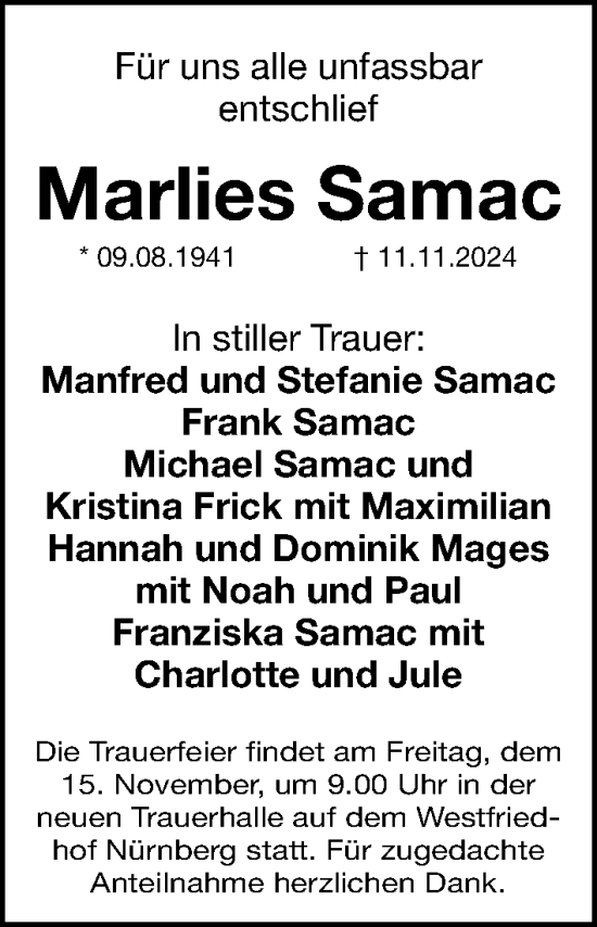 Traueranzeige von Marlies Samac von Gesamtausgabe Nürnberger Nachrichten/ Nürnberger Ztg.