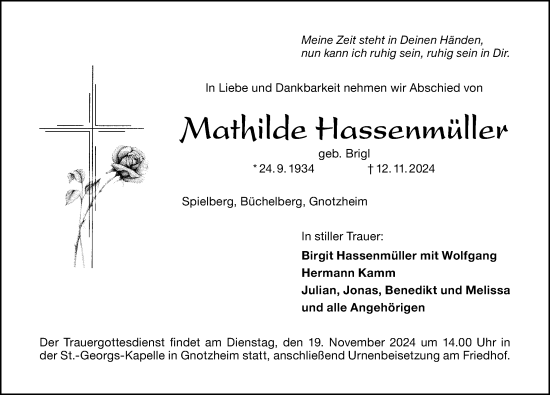 Traueranzeige von Mathilde Hassenmüller von Altmühl-Bote Lokal